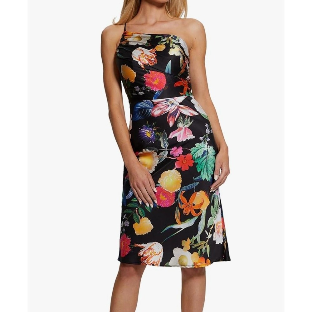 GUESS Cindy One Shoulder Floral Midi Dress 6 Black Coquette NWT
